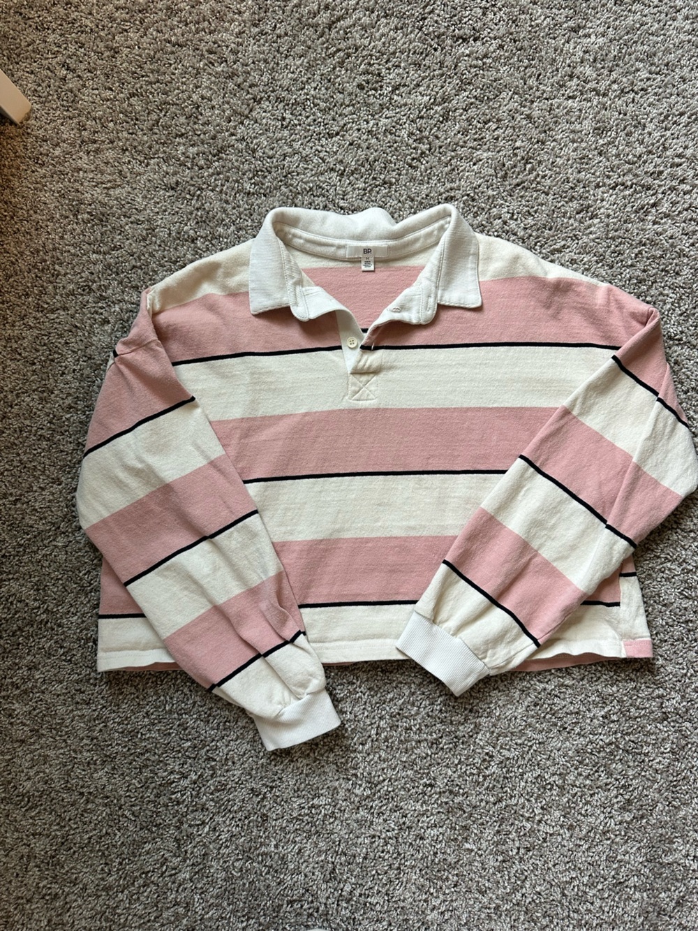 BP. Striped Cropped Long Sleeve Polo Shirt, Pink/White Stripes Collegiate Women